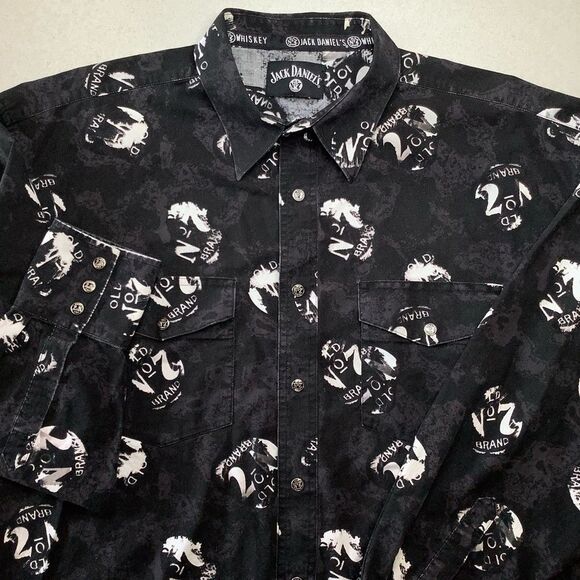 Jack Daniels‎ Vintage Old No 7 Logo Shirt XXL Metal Snap Long Sleeve Blac…